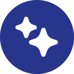 A dark blue circular background with two white star-like sparkles.