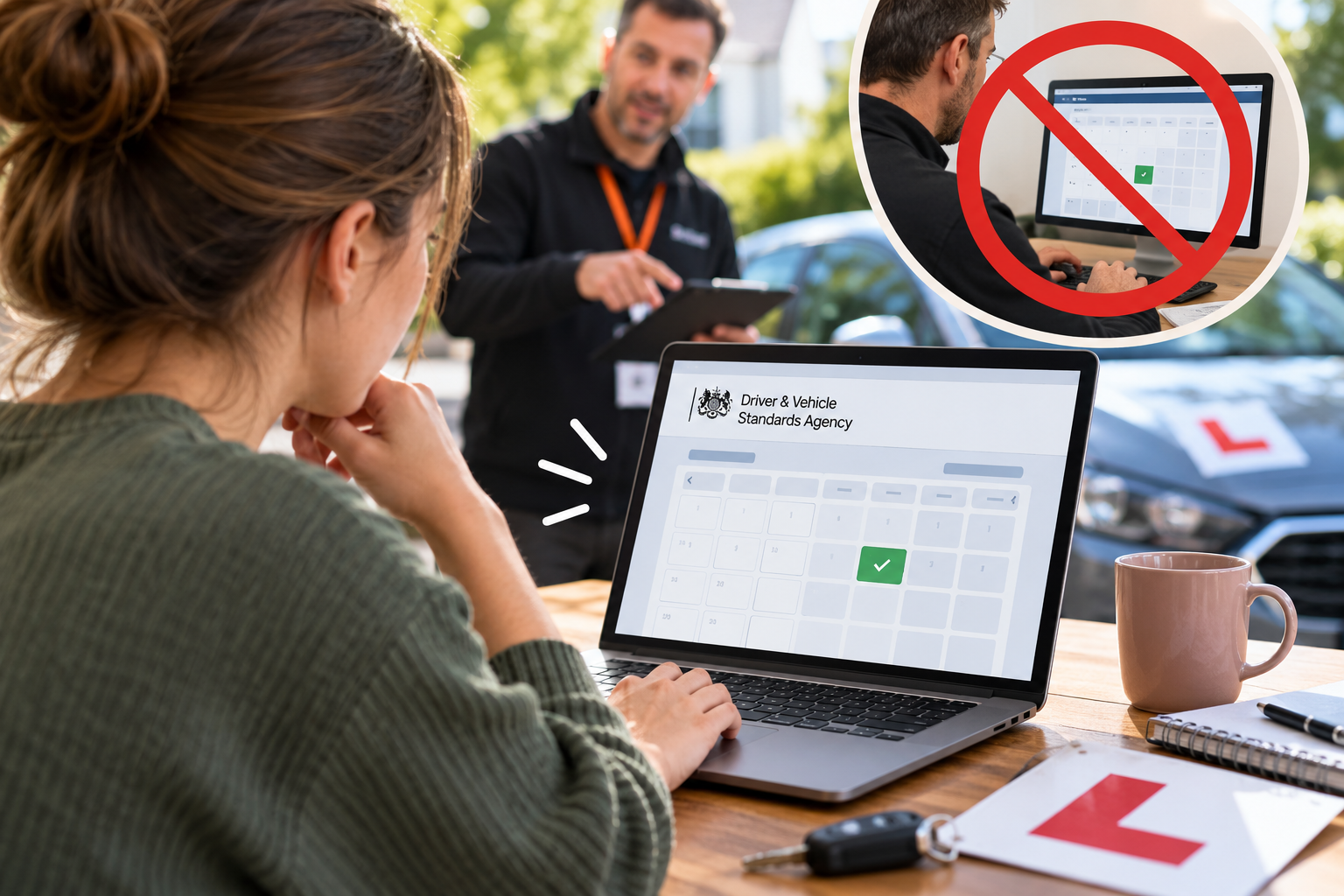 A learner driver booking a practical driving test online on a laptop, with a driving instructor and learner car in the background. An inset image shows that instructors can no longer book the test on the learner’s behalf.