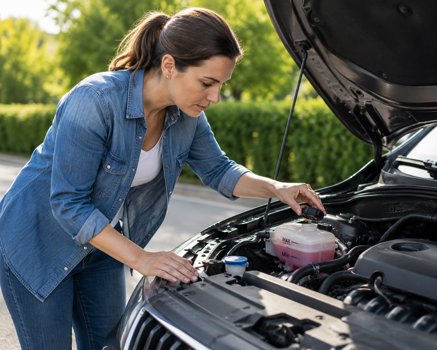 Woman driver checking her car's coolant level before a summer journey. Checking engine coolant is an important part of preparing your car for hot weather and helping prevent overheating and breakdowns.