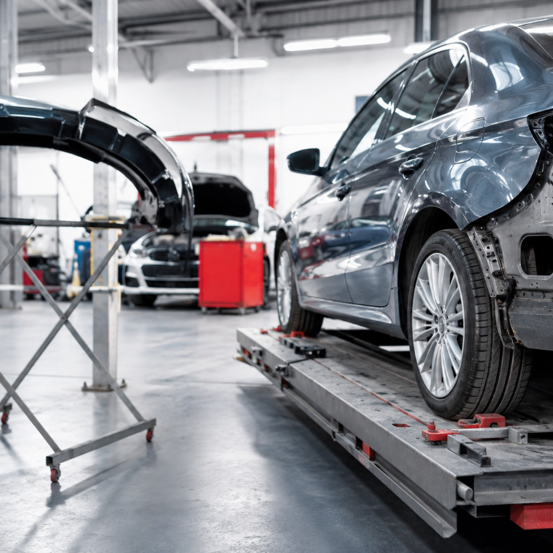 A modern car body repair workshop with a grey car positioned on a repair platform with its rear bumper removed. Another vehicle and workshop equipment can be seen in the background.