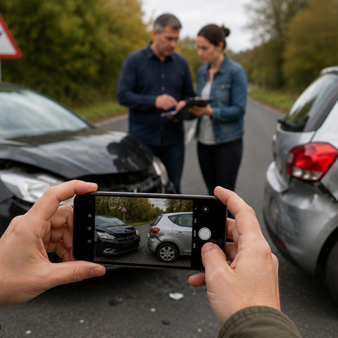 Driver photographing vehicle damage and the accident scene with a smartphone after a road traffic collision, illustrating the importance of taking clear photos for insurance claims and evidence."