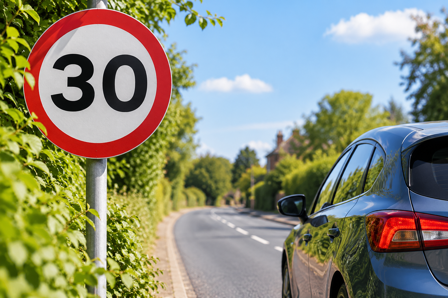 Can you create an alt description for the image A red-bordered 30mph speed limit sign beside a quiet, tree-lined British road, with a dark blue car in the foreground on a bright, sunny day.