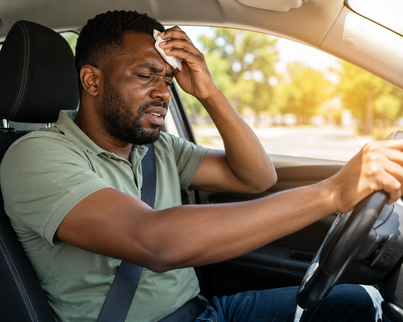 Driver struggling with extreme heat while driving in summer. Hot weather can reduce concentration and increase fatigue, making it important to stay hydrated, keep cool and take regular breaks on long journeys.