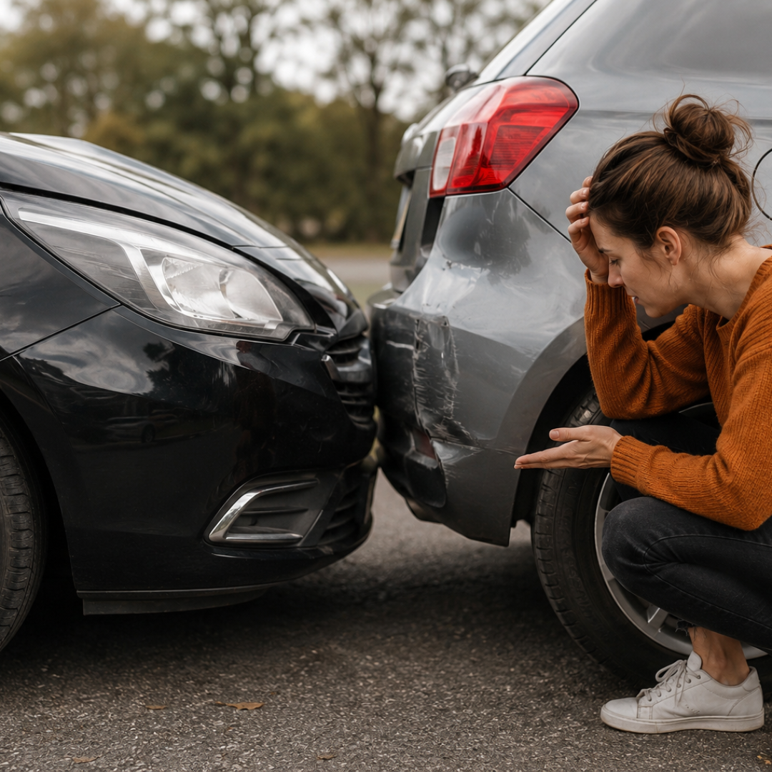 "Woman inspecting minor bumper damage after a low-speed car accident, highlighting how even small collisions can hide more serious vehicle damage and should be properly documented and reported."