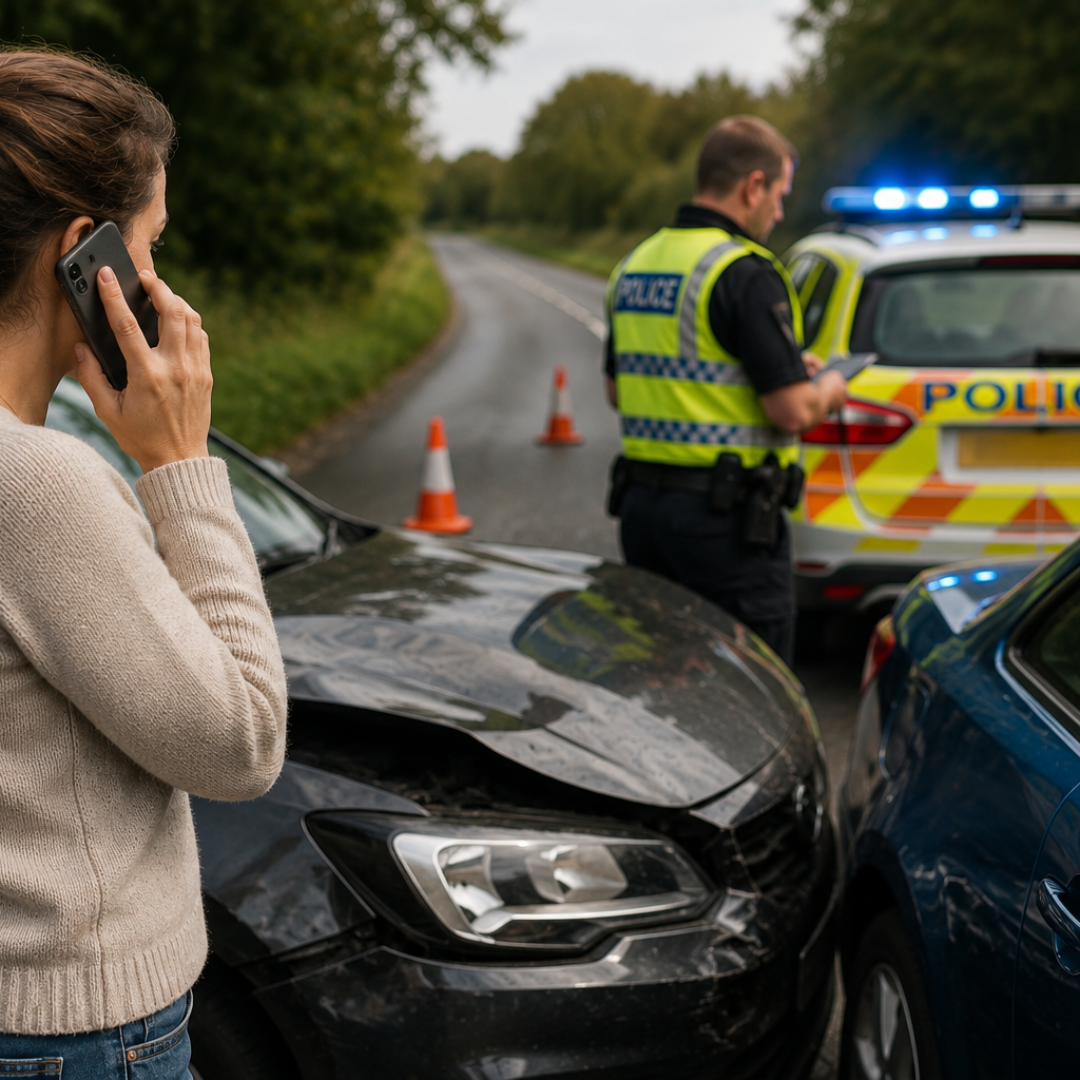 "Police officer attending the scene of a road traffic accident while a driver makes a phone call beside two damaged vehicles, illustrating situations where involving the police after a collision may be necessary."