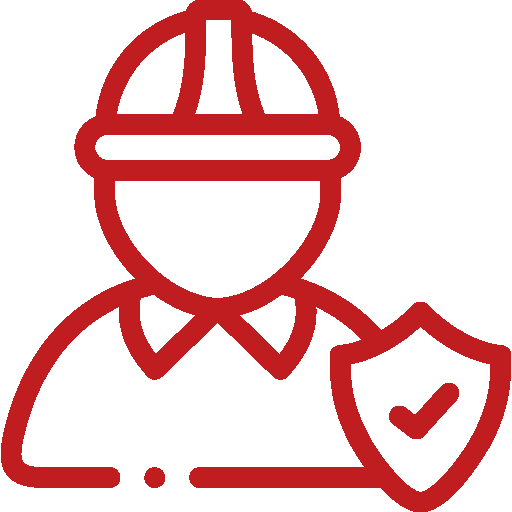 Icon of a construction worker with a hard hat holding a shield with a check mark.