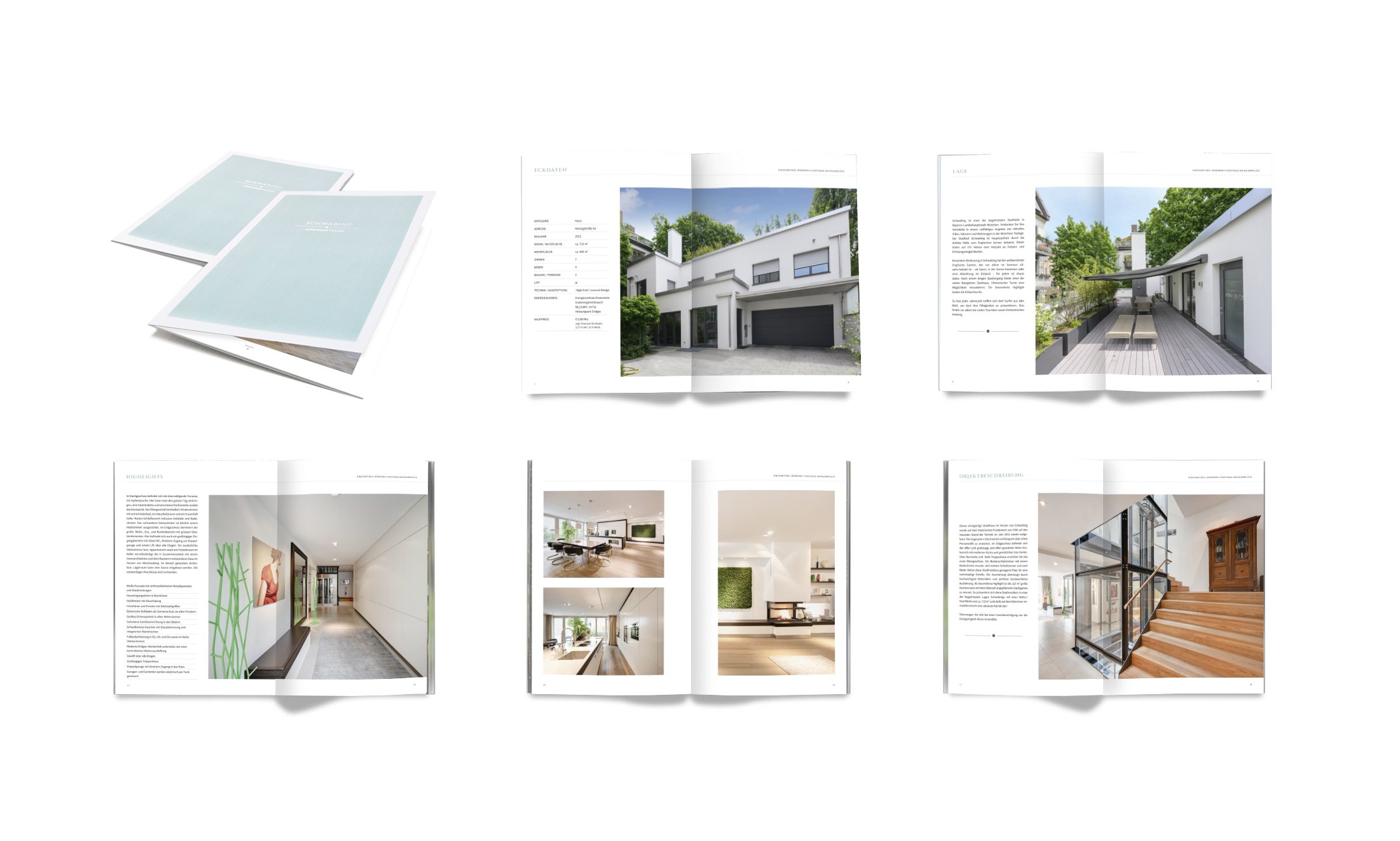 Fotobuch mit Bildern und Texten eines modernen Hauses, Innen- und Außenansichten, inklusive Wohnzimmer, Flur, Treppe und Garten.