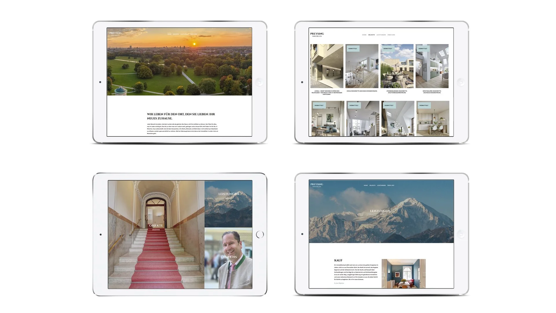 Vier Tablets zeigen verschiedene Webseiten, die Immobilien und Immobilienleistungen präsentieren. Die erste zeigt eine Parklandschaft während des Sonnenuntergangs, die zweite zeigt eine Immobilien-Galerie mit Innenaufnahmen, die dritte zeigt eine Treppe in einem historischen Gebäude, die vierte ein Bergpanorama und eine Inneneinrichtung, alle zur Präsentation von Immobilien und Dienstleistungen.