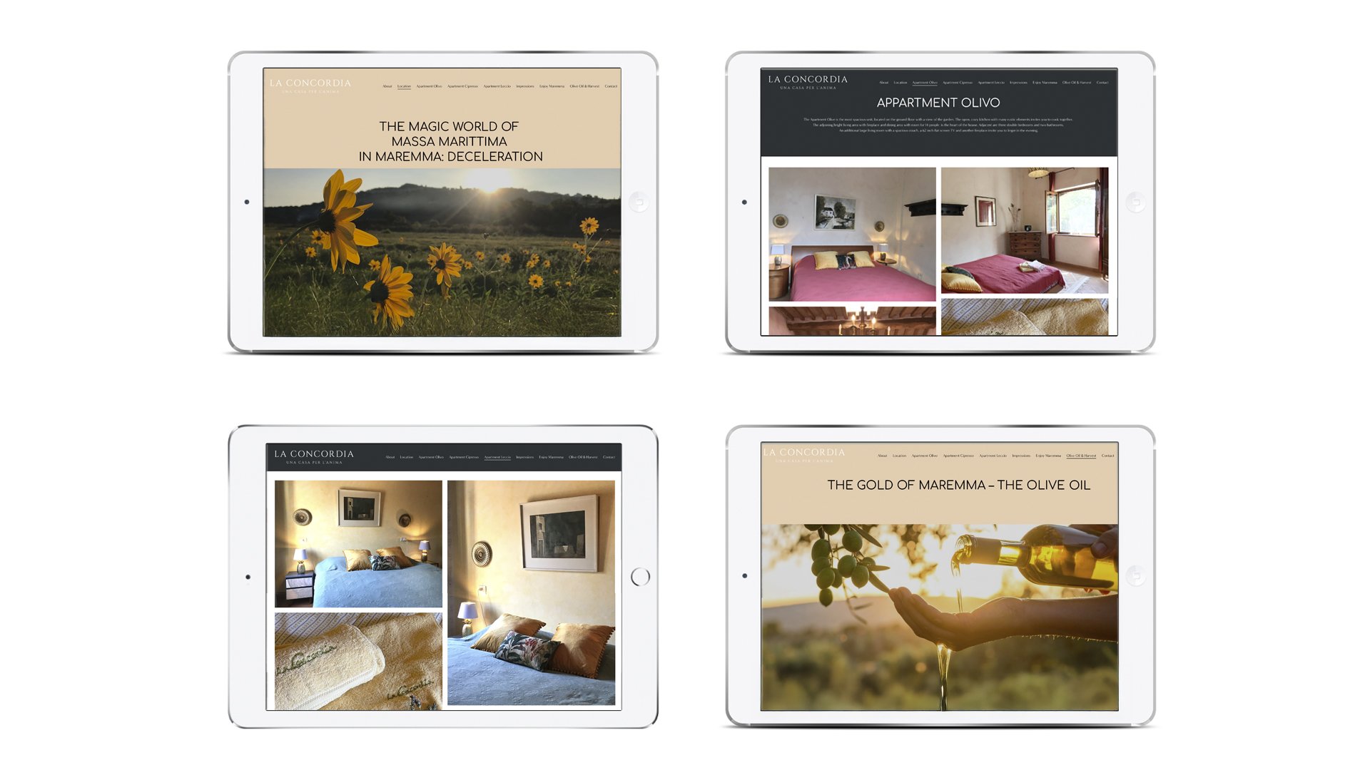 Vier Tablets mit Webseiten von La Concordia, einer Unterkunft oder einem Hotel, die Zimmer und landwirtschaftliche Produkte wie Olivenöl zeigen.