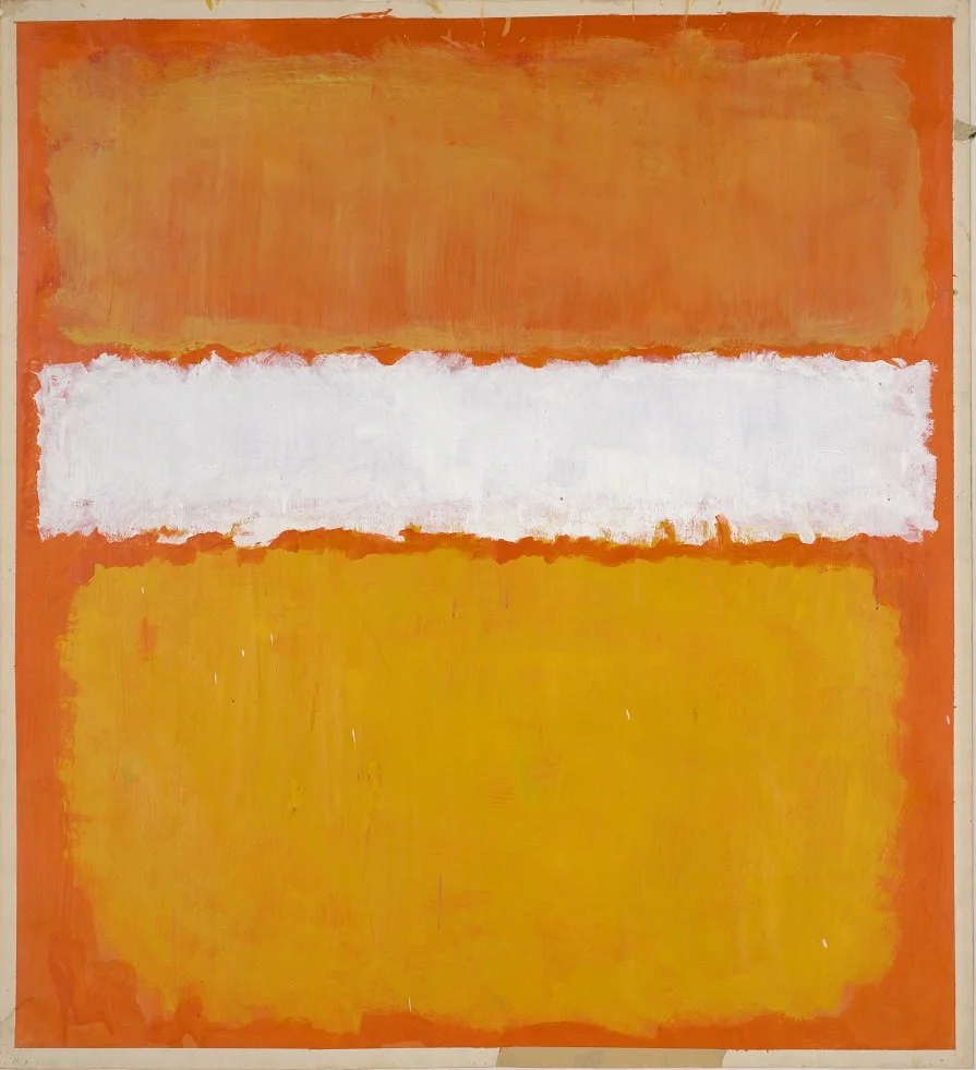 Johanna Gonnord Avocat Droit du travail Art Droit immobilité salarié, employeur, locataire, propriétaire Description : Peinture abstraite avec trois zones de couleurs principales : une haute bande orange, une bande centre blanche.