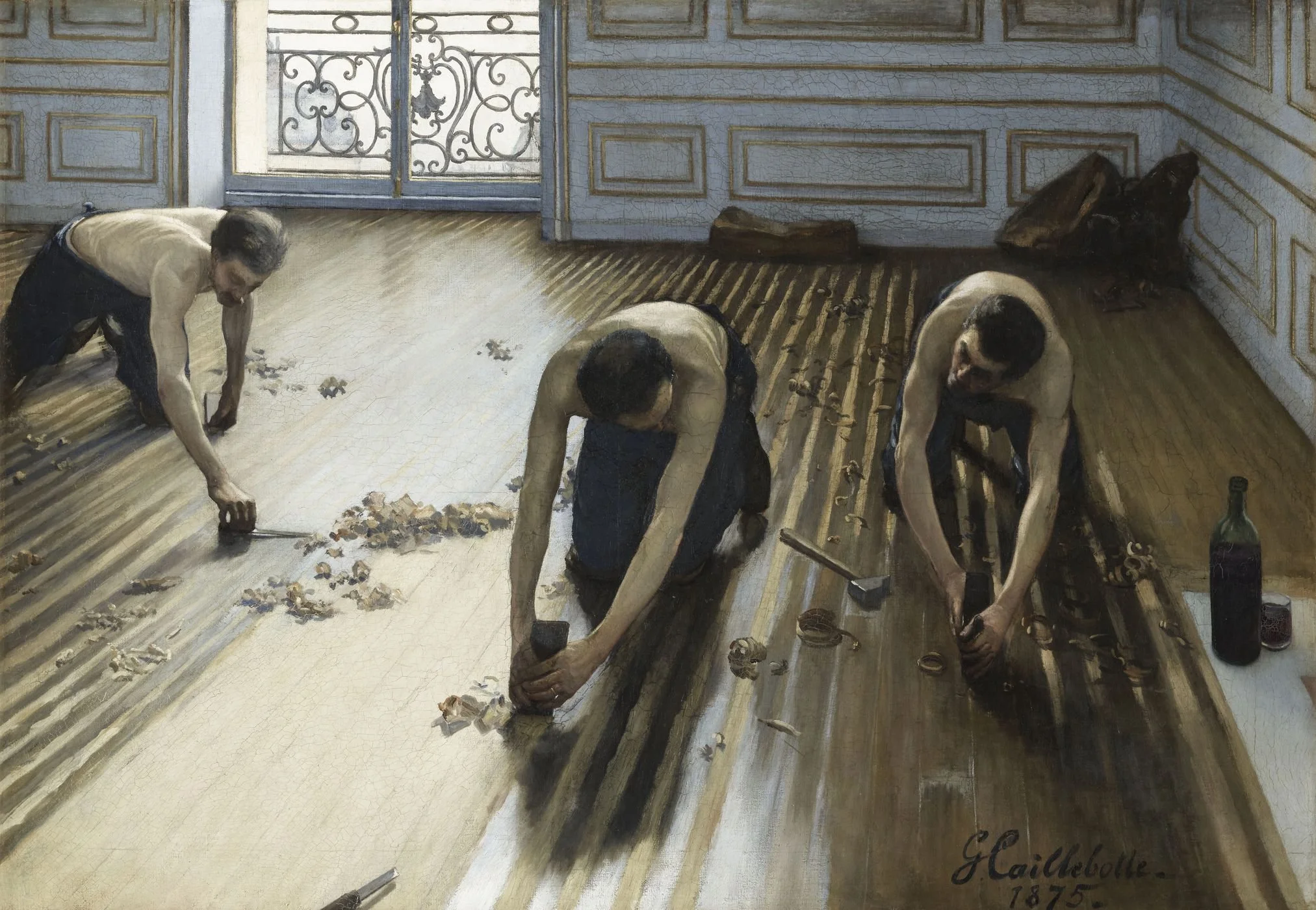 Johanna Gonnord Avocat Droit du travail Art Droit immobilité salarié, employeur, locataire, propriétaire Description : Trois hommes nus lavant un parquet en bois dans une pièce richement décorée.