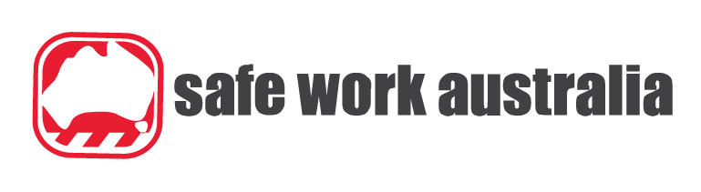 Logo of Safe Work Australia with a black and red shield graphic and black text.