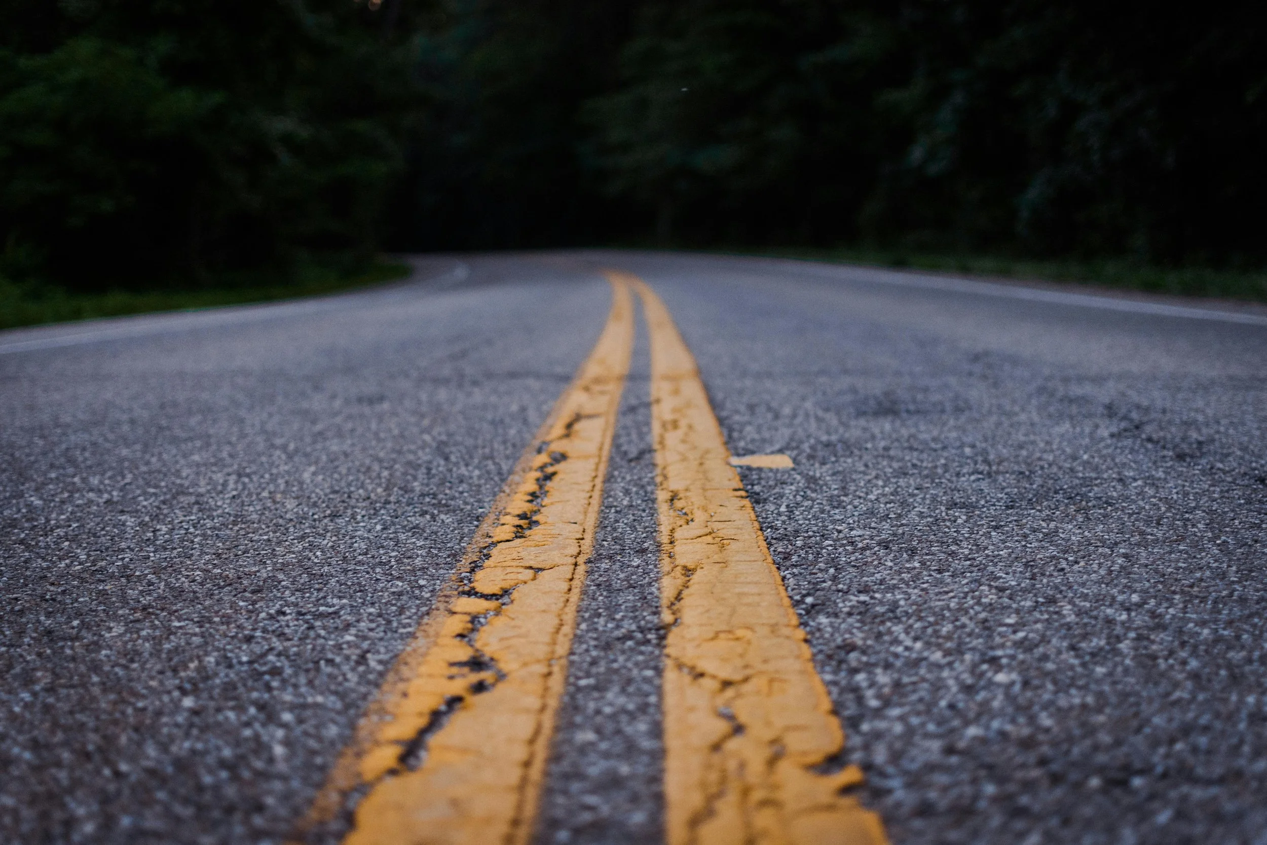 Close-up photo of a worn yellow double line on a paved road surrounded by trees.