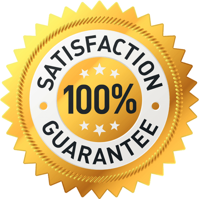 Gold badge with black text reading 'Satisfaction Guarantee 100%' surrounded by stars.
