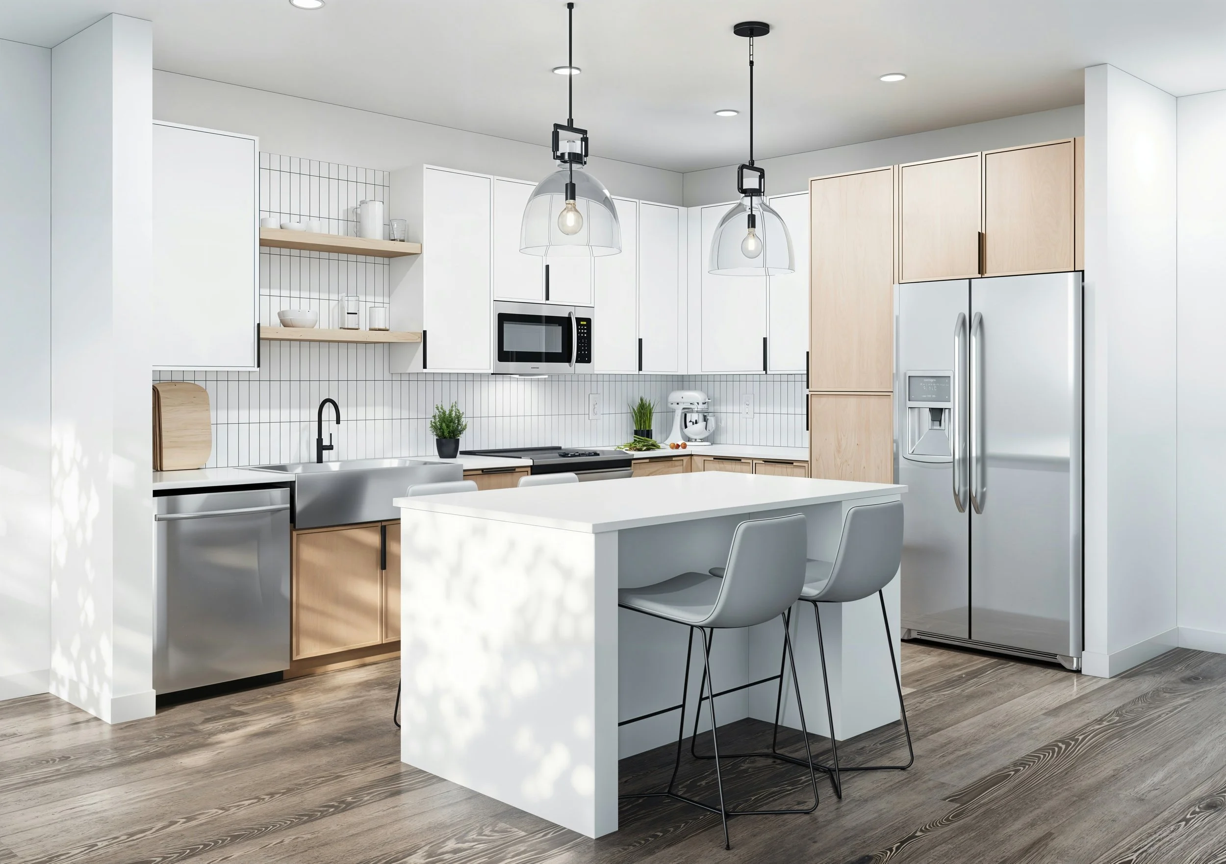 Modern kitchen with white cabinets, wooden accents, stainless steel appliances, a white island with two chairs, pendant lighting, and a wooden floor.