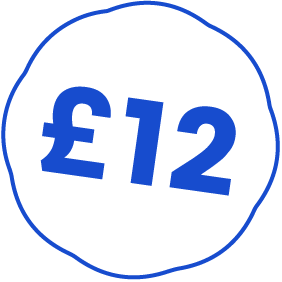 Blue circle with a white background, containing the text '£12' in blue.