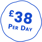 Blue circle with text '£38 PER DAY' inside.