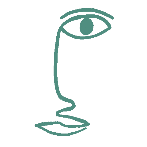 Line drawing of a human face in profile with a single eye, nose, and lips.