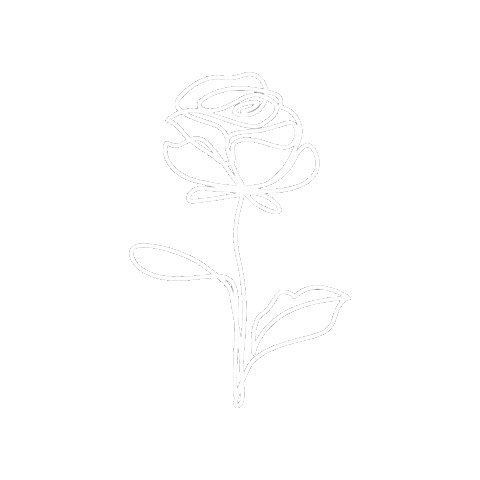 Line drawing of a rose with a stem, leaves, and a bud on a gray background