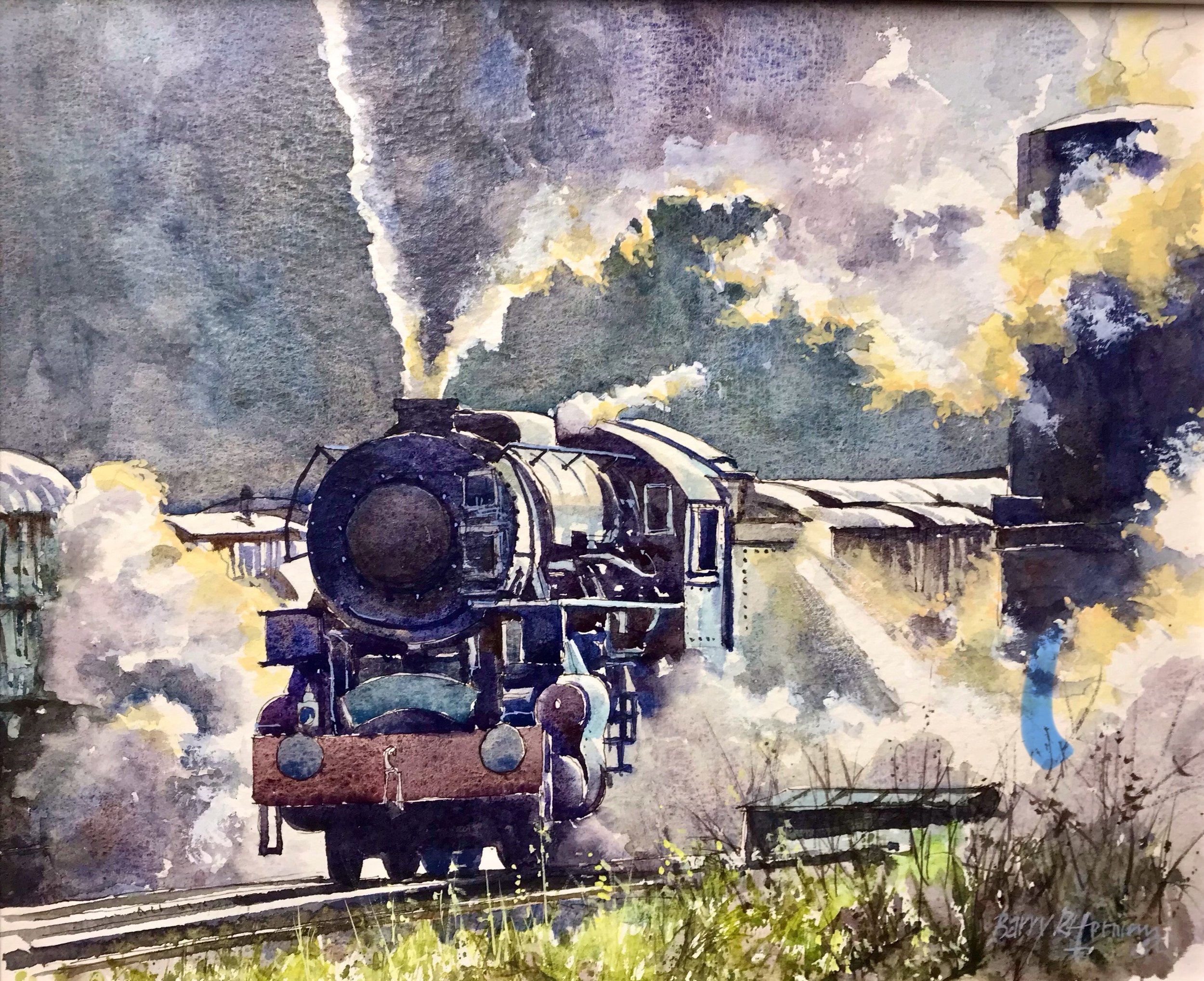  High Steam & Sunlight 
 Barry Herniman
 Watercolour on Paper Mounted on Panel sealed with heat-setting wax
 Canvas Size: 29cm x 36cm 
 Framed Size: 39cm x 46cm x 3cm
 £750