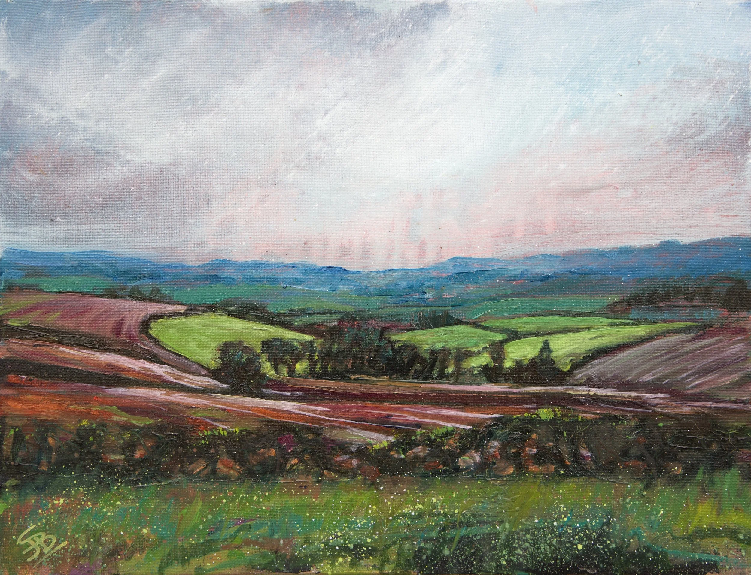  Quilted land 
 Oil & Mixed Media on Canvas
 Painting Size: 30 x 40cm
 Framed Size: 45 x 55 x 4.5cm
 £975