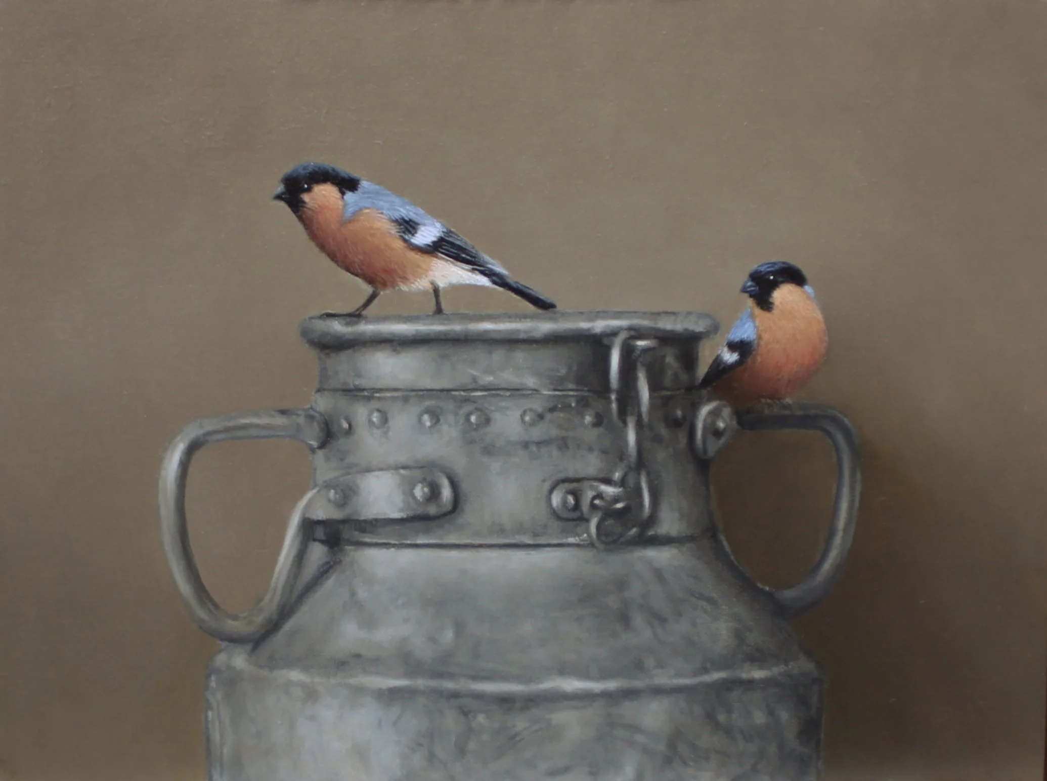  Bullfinches on a Milk Jug 
 Oil on canvas board in black frame
 Painting: 29cm x 39cm
 Framed size: 41cm x 51cm