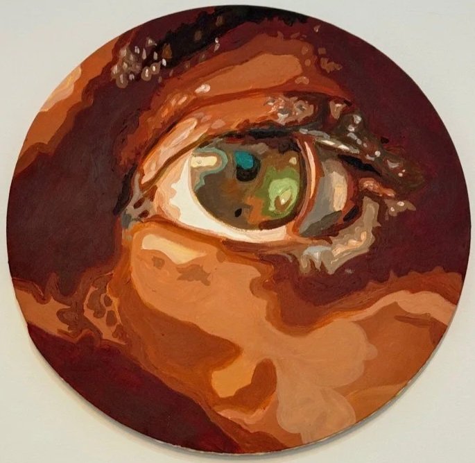   WITNESS II  
 £400
 Darlington Raymond
 Acrylic on Canvas
 Framed Size: 40cm Diameter x 2cm