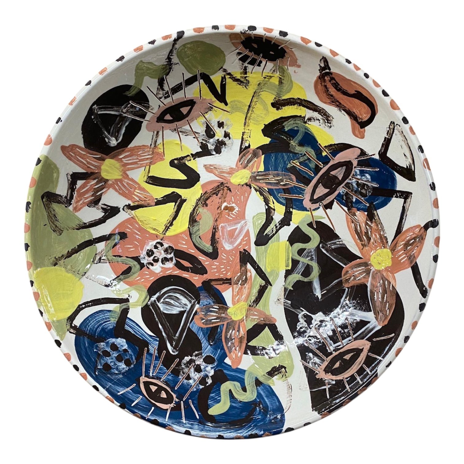  Night Flowers 
  Hand Painted Fired & Glazed Clay Bowl (Food Safe) 33cm Diameter, 17cm Base, 8cm High