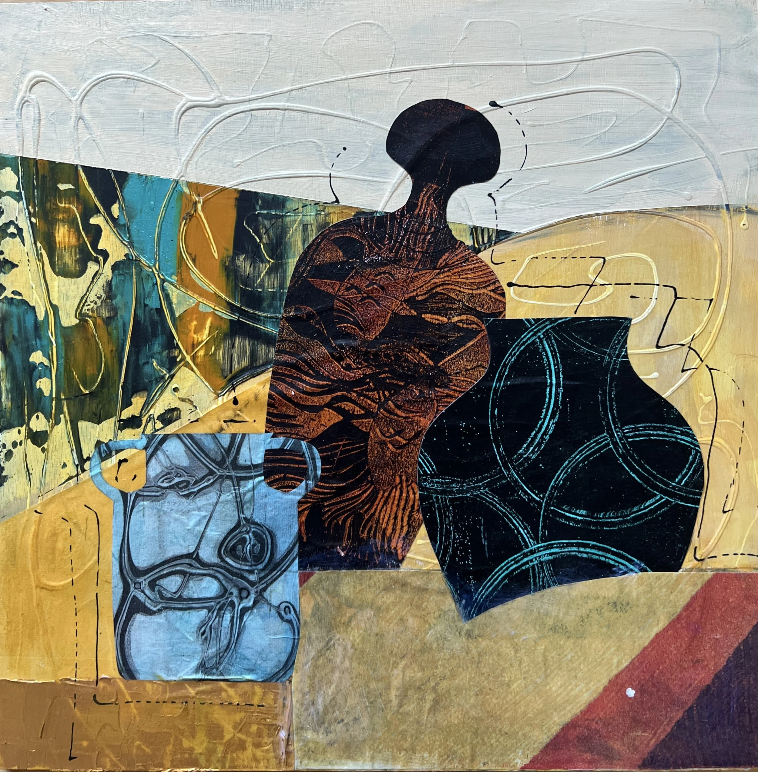  Found Treasures  Acrylics, texture pastes, ink, graphite, hand printed papers, collage,  on board in white frame.
 Framed Size: 30cm x 30cm