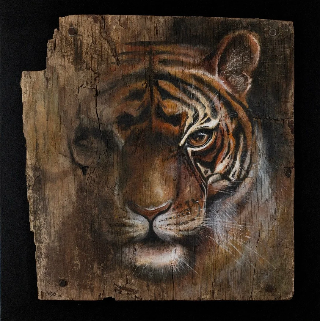   Tiger on Wood  
 £1,850
 Andrew Burns Colwill
 Acrylic on Old Recycled Wood
 Framed Size: 90cm x 90cm x 5cm