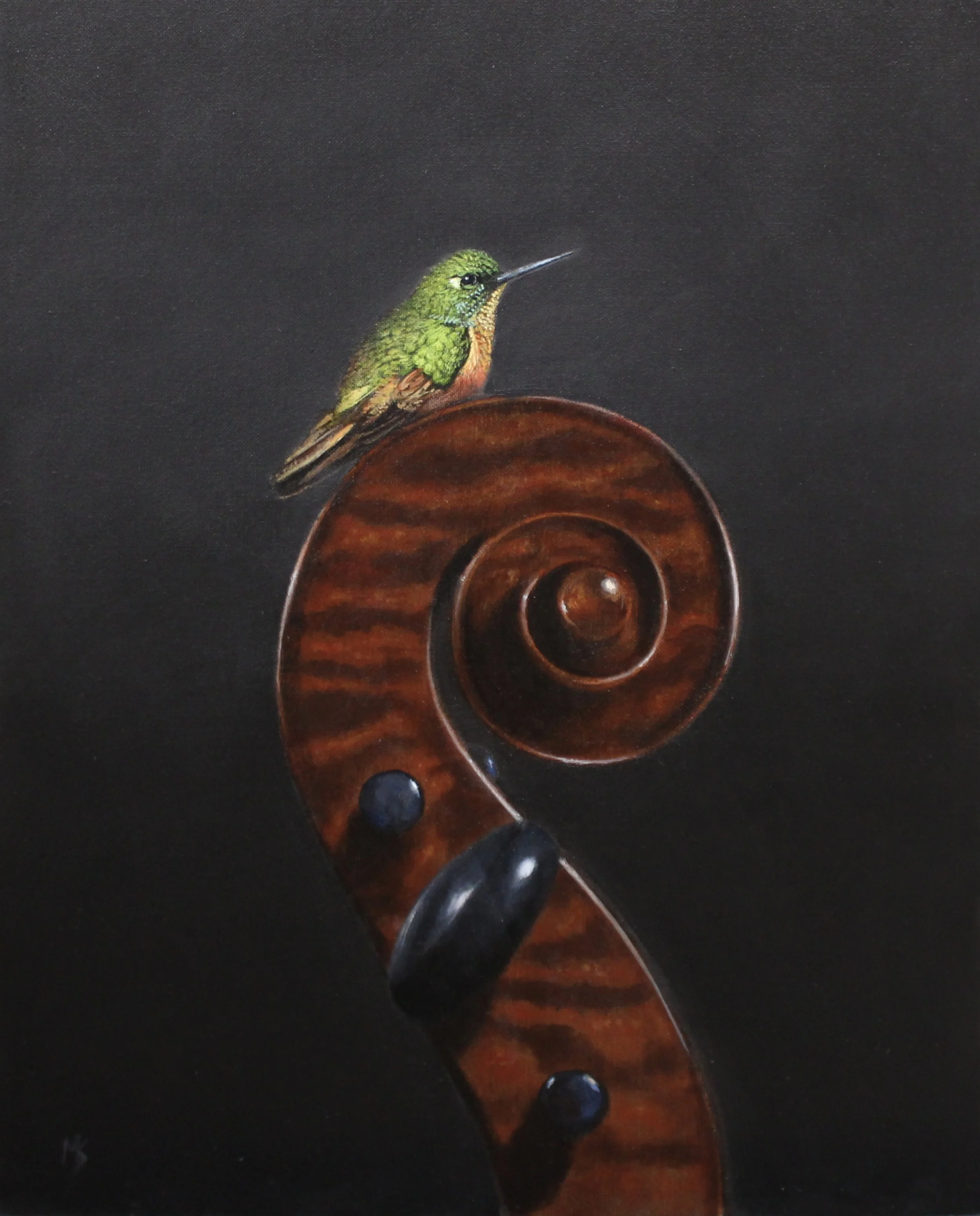  Hummingbird on a Cello 
 Oil on canvas board in black frame
 Painting: 39cm x 29cm
 Framed size: 51cm x 41cm