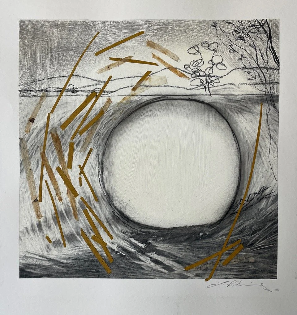  Summer Landscape 7. - Charcoal + Collage on Gessoed Paper
 Drawing 28cm x 28cm  
 Framed: 47.6cm x  46.5cm 

