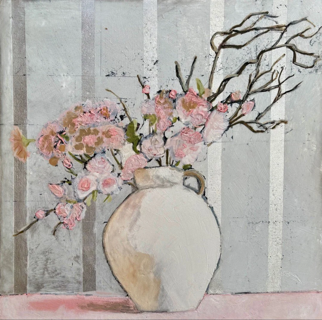   Pink Blossoms  
 £795
 Lydia Bauman
 Mixed media with pigments, plaster,
beeswax and silver leaf on Canvas
 ramed Size: 60cm x 60cm x 4cm
