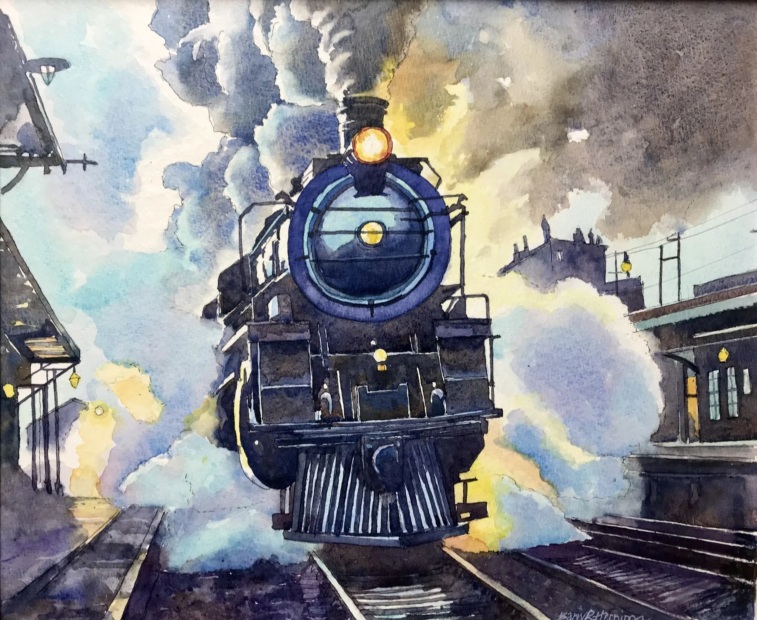  Steaming Through 
 Barry Herniman
 Watercolour on Paper Mounted on Panel sealed with heat-setting wax
 Canvas Size: 36cm x 43cm 
 Framed Size: 45cm x 53cm x 3cm
 £950
