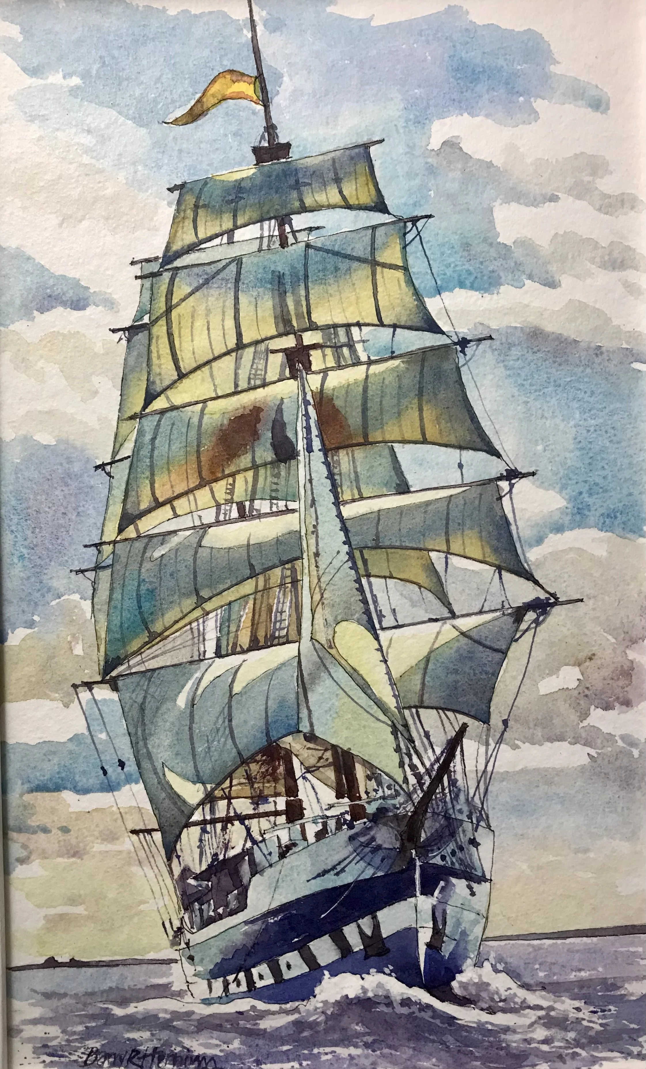  In Full Sail 
 Barry Herniman
 Watercolour on Paper Mounted on Panel sealed with heat-setting wax
 Canvas Size: 40cm x 24cm 
 Framed Size: 50cm x 34cm x 3cm
 £750