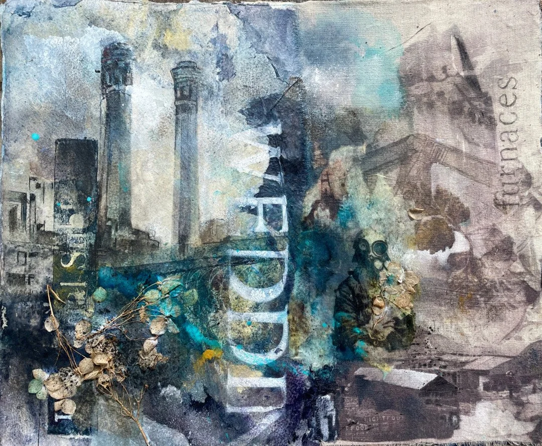   Blueprint for Symbiocene #3
Industrial sublime.... why we come to love the things that harm ....  
 £1,600
 Dr Jasmine Pradissitto
Plant print: dried petals , wax, watercolour,
fabric, ink, tissue paper on Arches Paper
 Framed Size: 42cm x 52cm x 3