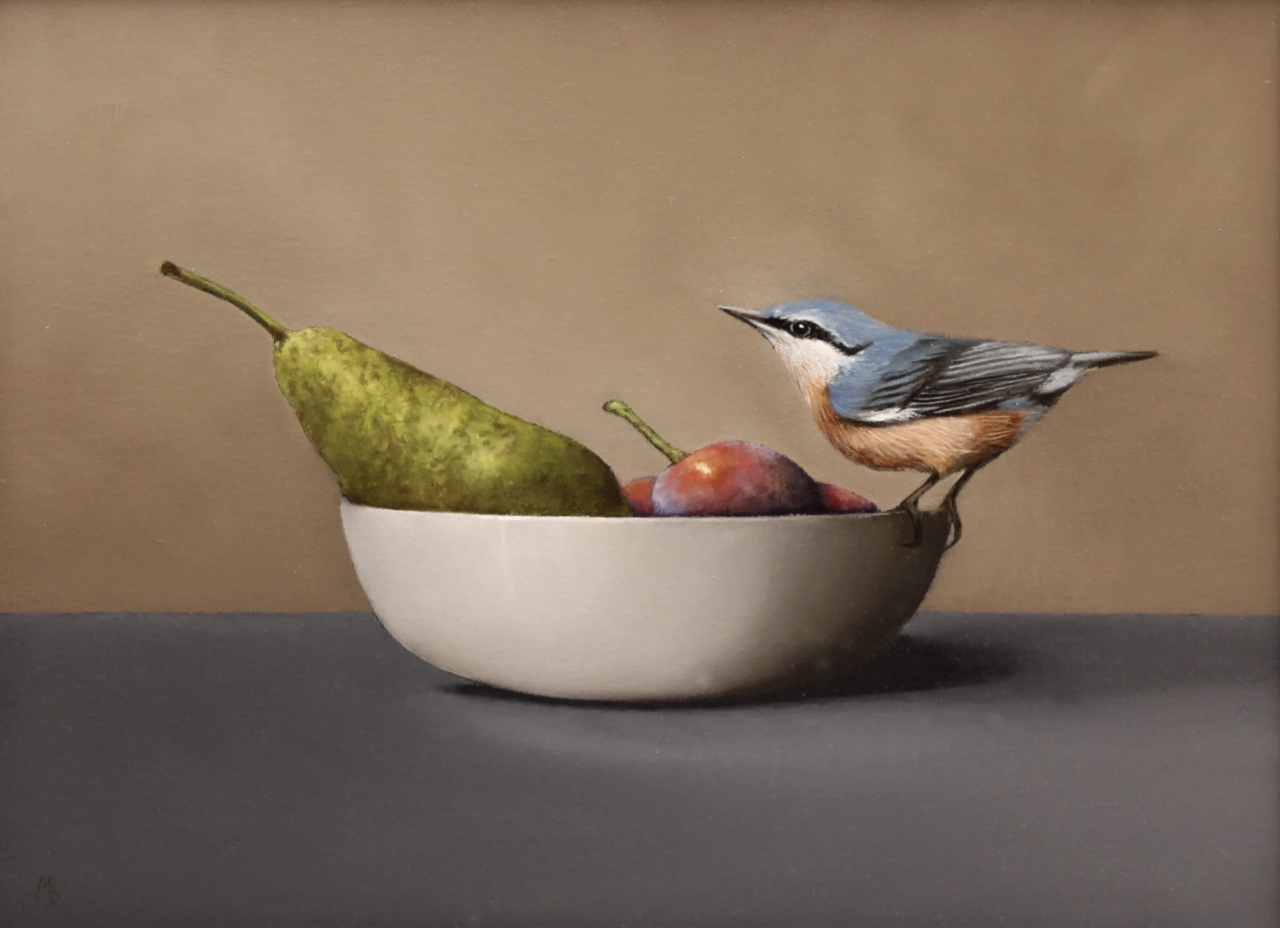 Nuthatch on Fruit 
 Oil on canvas board in black frame
 Painting: 29cm x 39cm
 Framed size: 41cm x 51cm