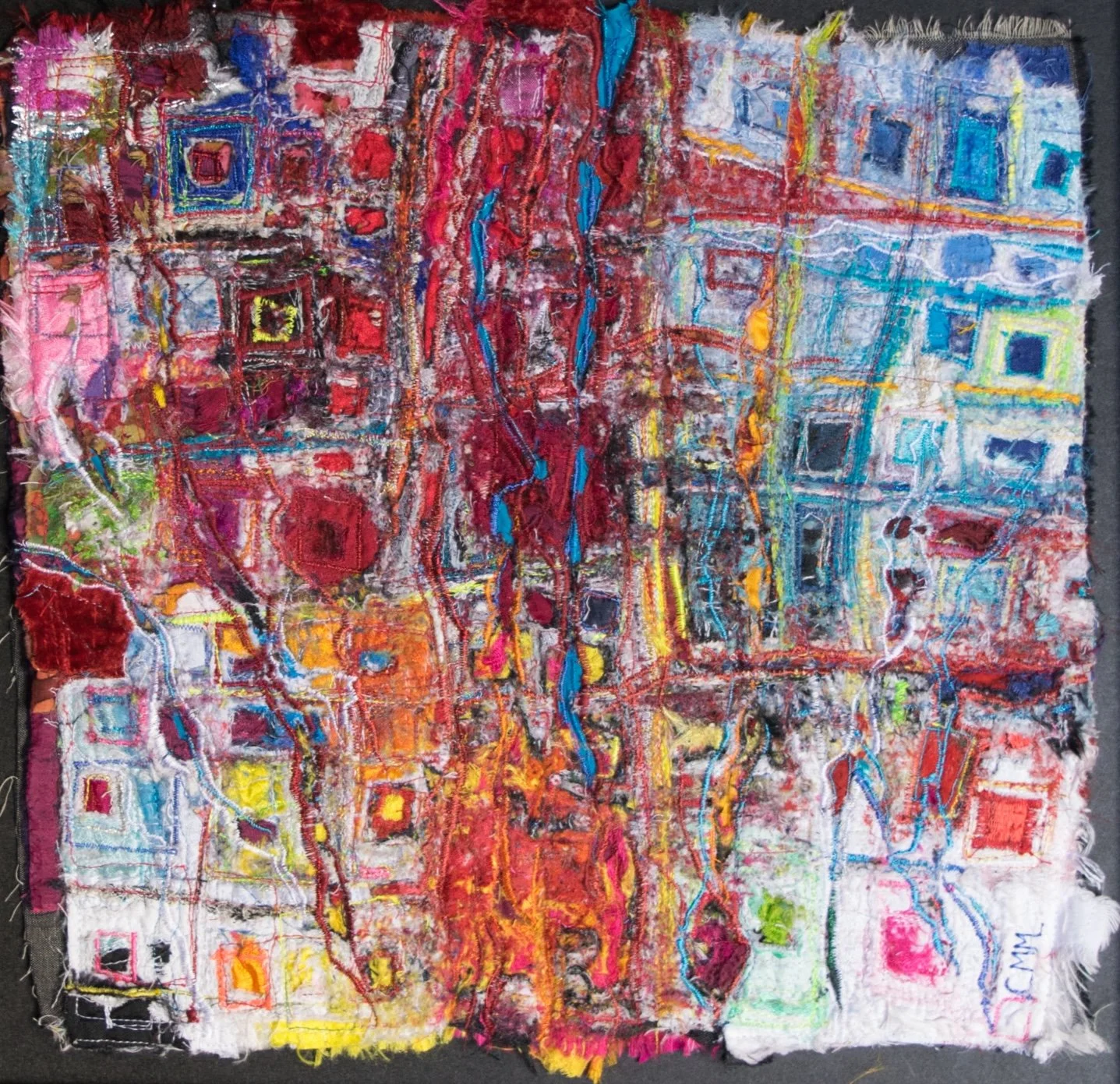 Cracks in the System  Mixed Textiles Embroidered & Embellished
In Open Frame.  Fabric Size: 32cm x 32cm Framed Size: 52cm x 52cm