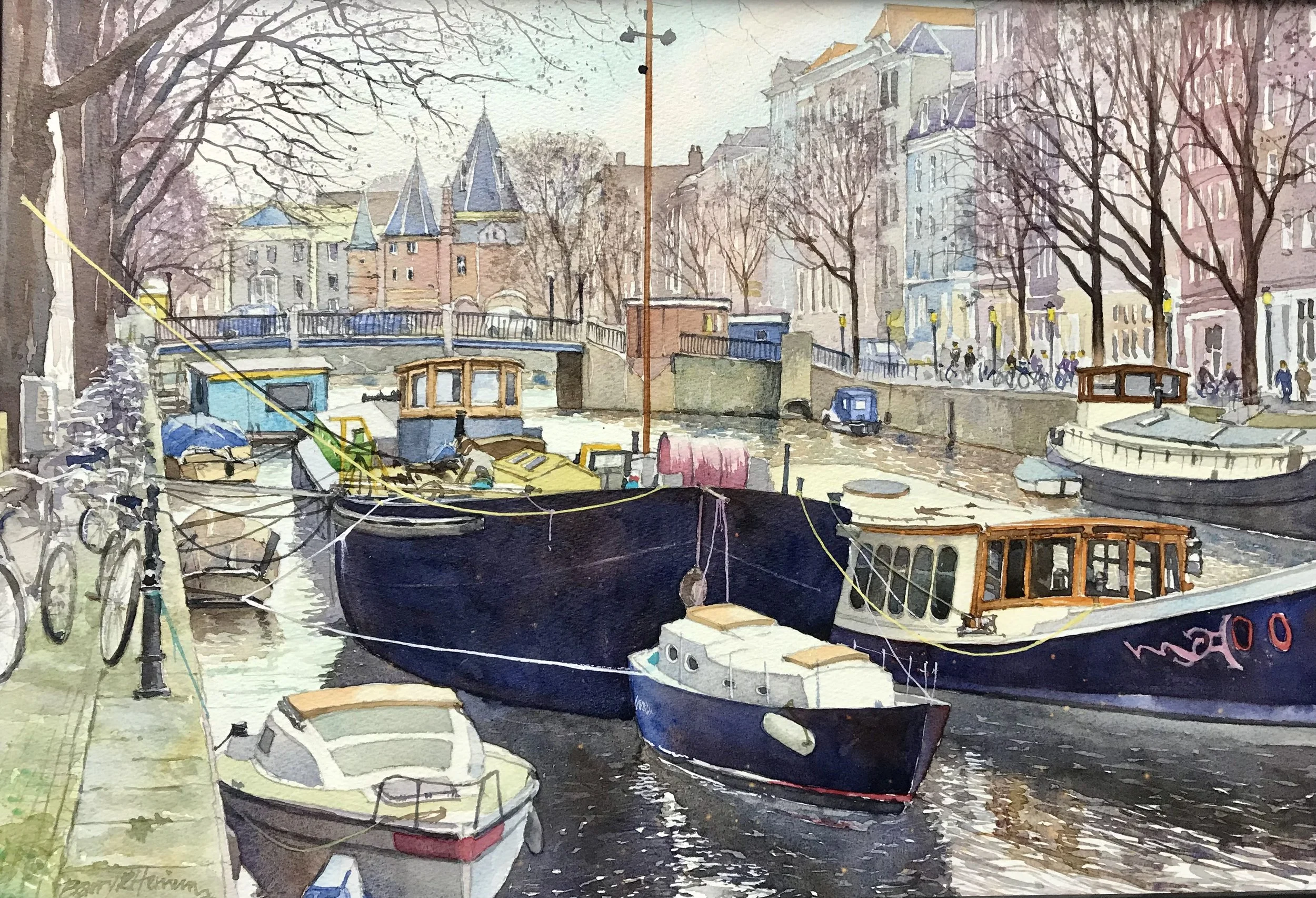  All Moored Up: Amsterdam 
 Barry Herniman
 Watercolour on Paper Mounted on Panel sealed with heat-setting wax
 Canvas Size: 33cm x 49cm 
 Framed Size: 43cm x 58cm x 3cm
 £950