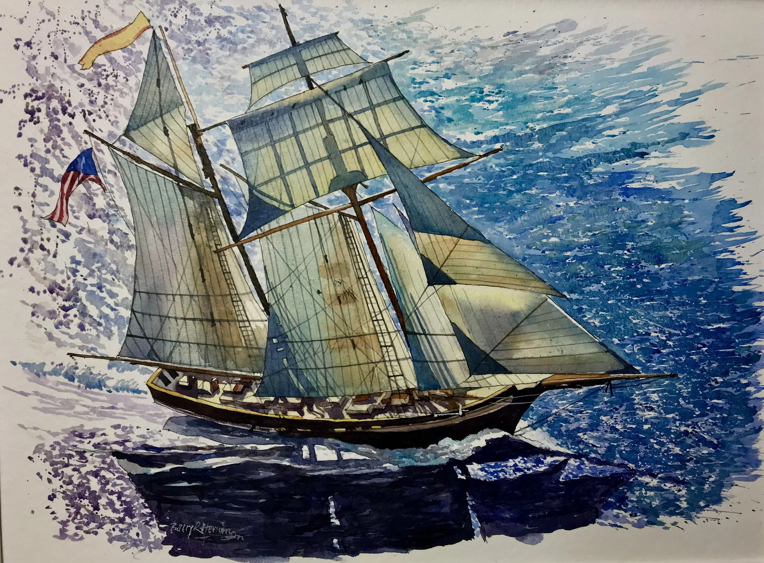  Light Through the Sails 
 Barry Herniman
 Watercolour on Paper Mounted on Panel sealed with heat-setting wax
 Canvas Size: 37cm x 49cm 
 Framed Size: 48cm x 60cm x 3cm
 £950