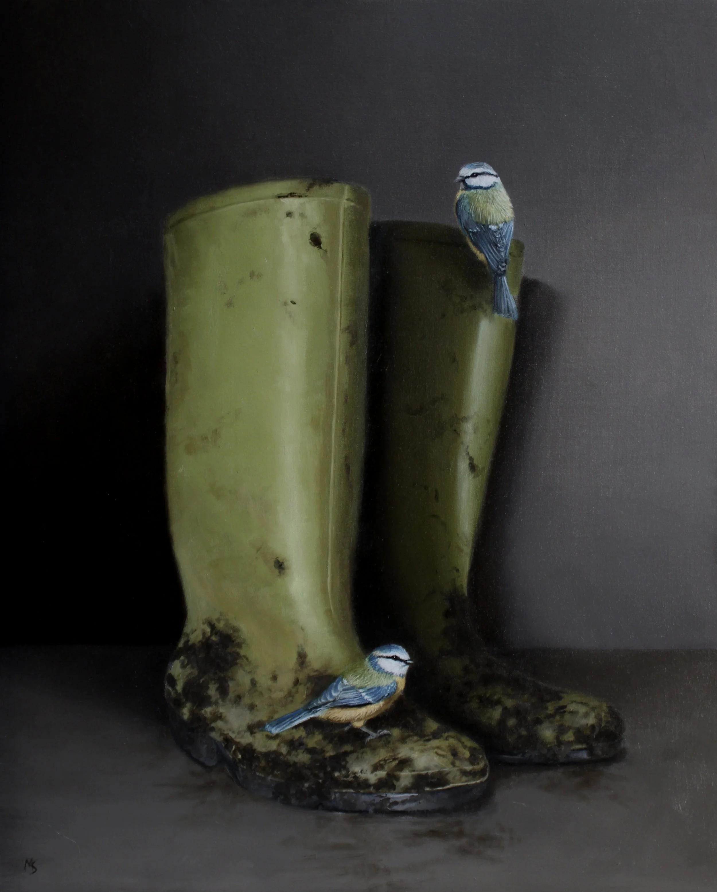  Blue-Tits on Wellies 
 Oil on canvas board in black frame
 Painting: 49cm x 39cm
 Framed size: 60cm x 50cm