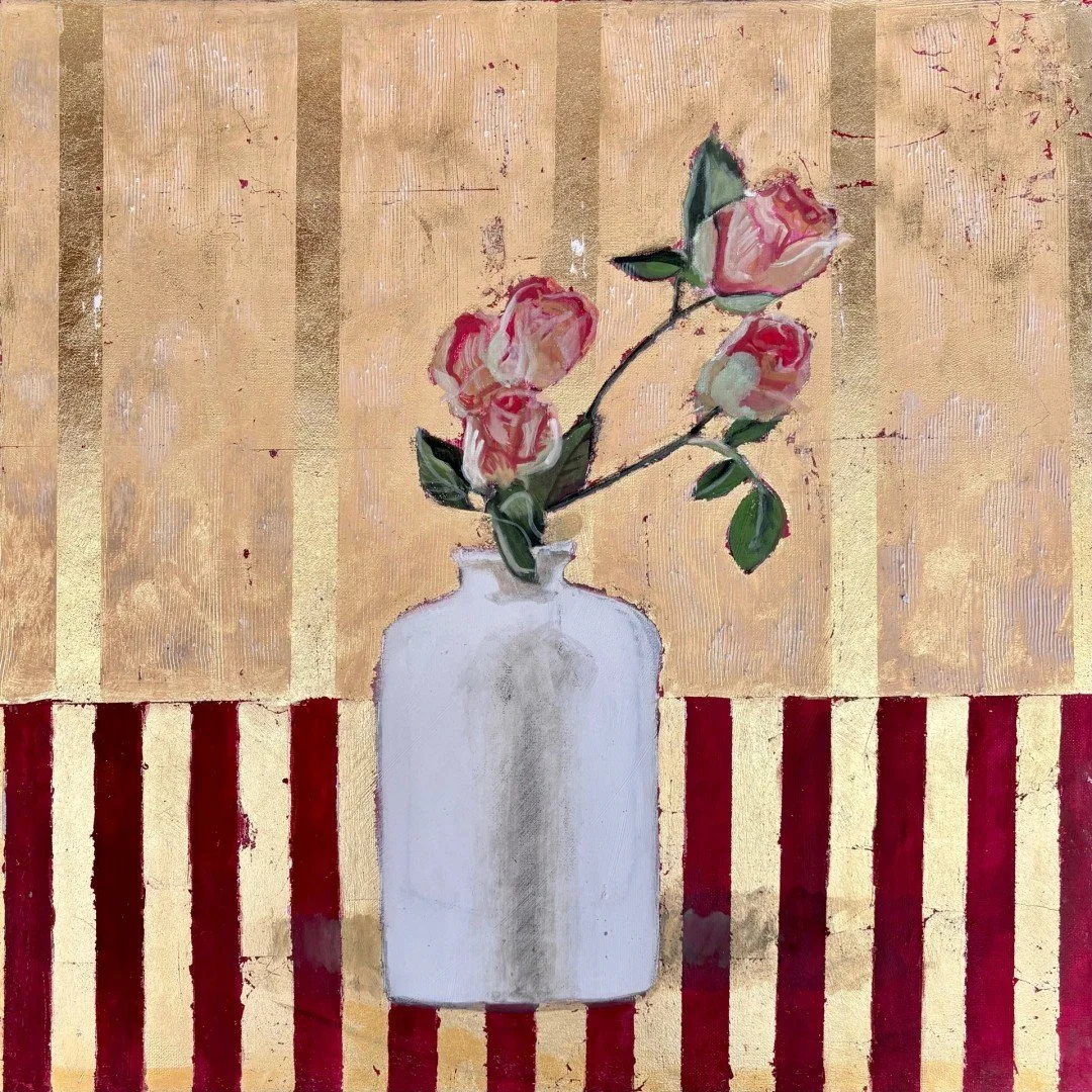   Pink Roses  
 £795
 Lydia Bauman
 Mixed media with pigments, plaster, beeswax and silver leaf on Canvas
 Framed Size: 60cm x 60cm x 4cm
