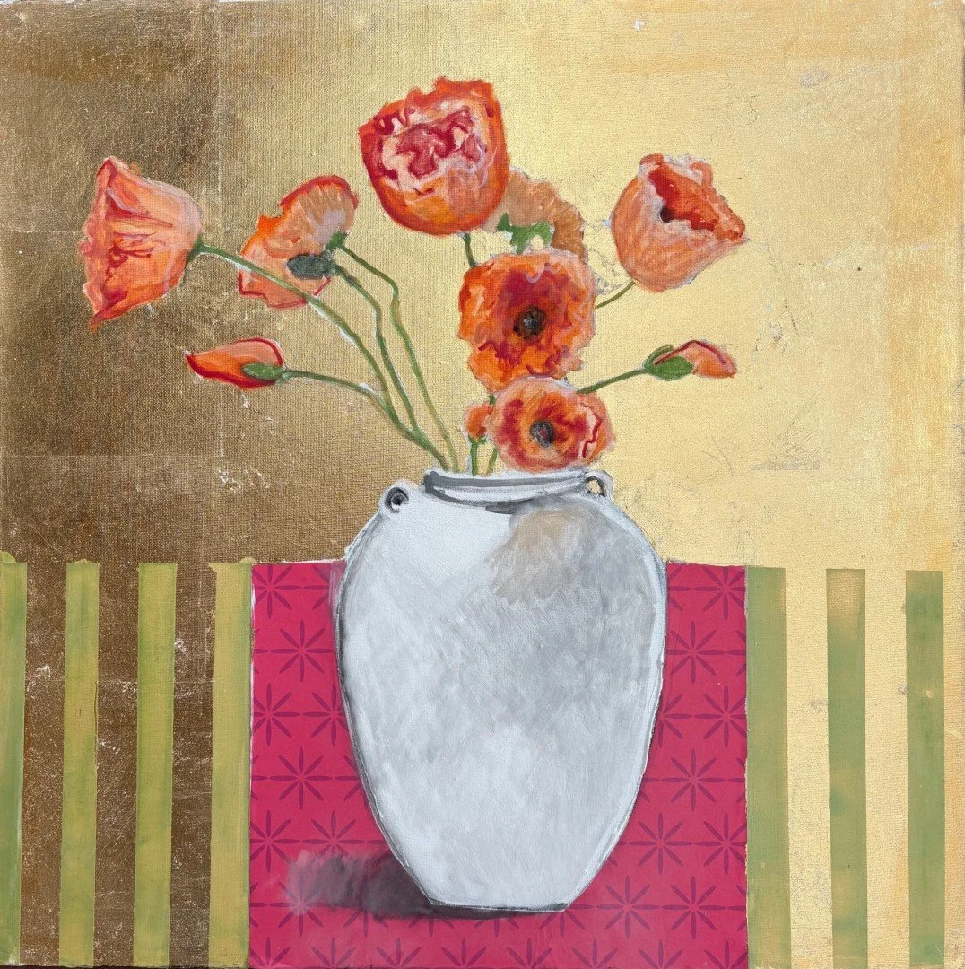   Red Poppies  
 £795
 Lydia Bauman
 Mixed media with pigments, plaster, gold leaf on Canvas
 Framed Size: 60cm x 60cm x 4cm