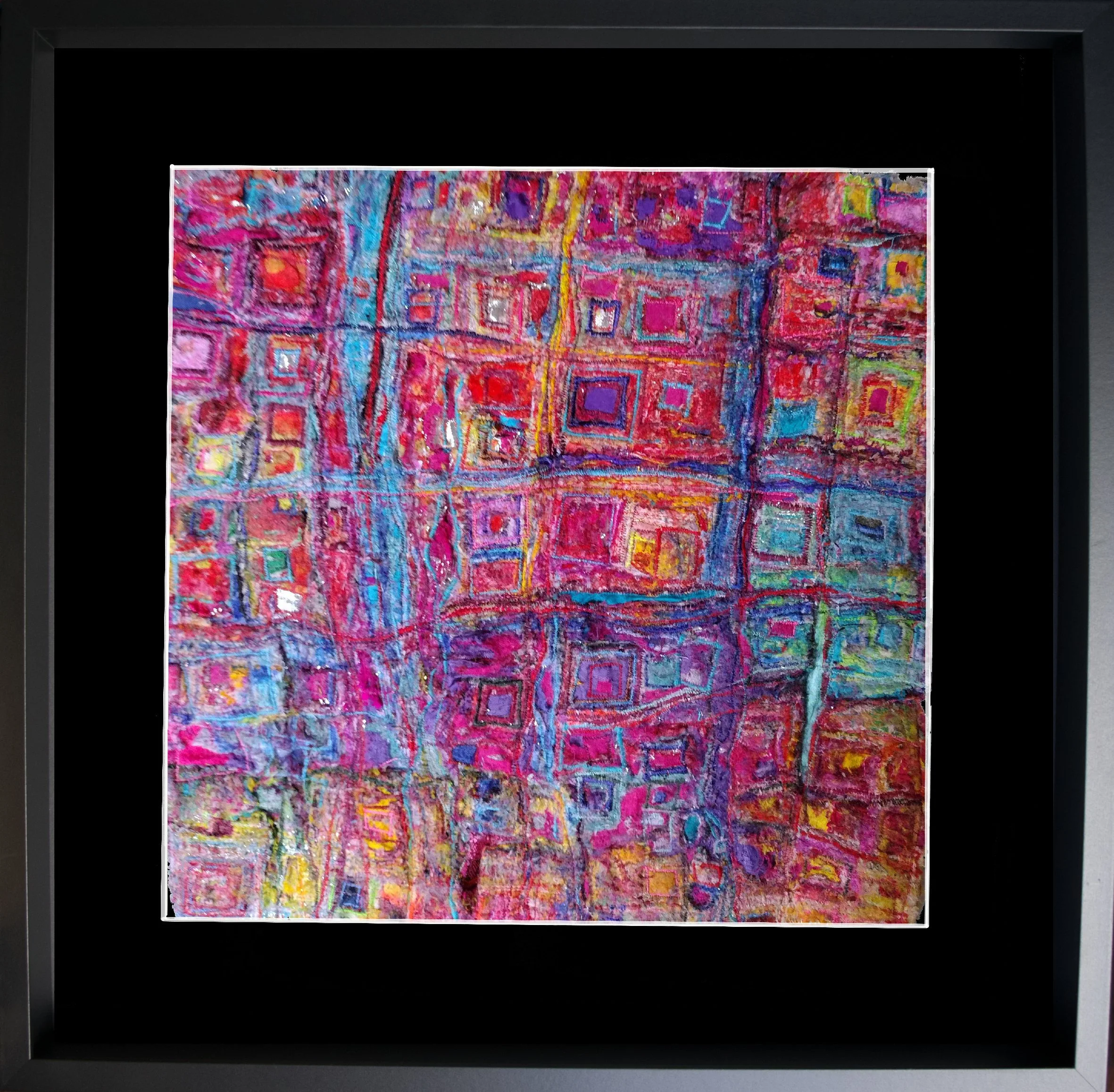  Getting Warm  Mixed Textiles Embroidered & Embellished
In Open Frame.  Fabric Size: 25cm x 25cm Framed Size: 37cm x 37cm
 £250