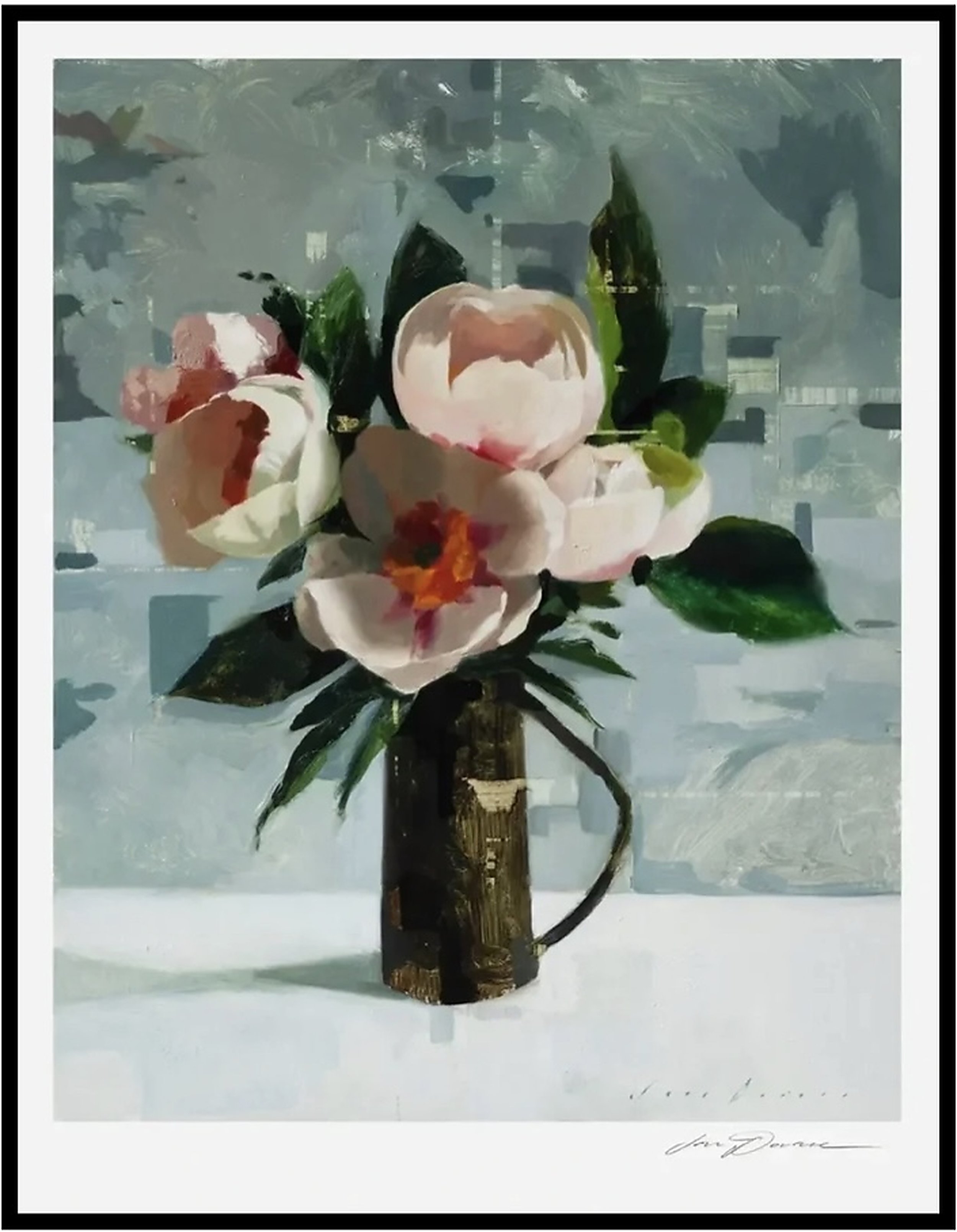  Five Peonies in a Jug 
 Fine art print on museum quality cotton paper.
 Each print is hand-signed and titled by the artist.
  Image Size: 33cm x 26.5cm &nbsp; Framed size Size: 51cm x 43 cm