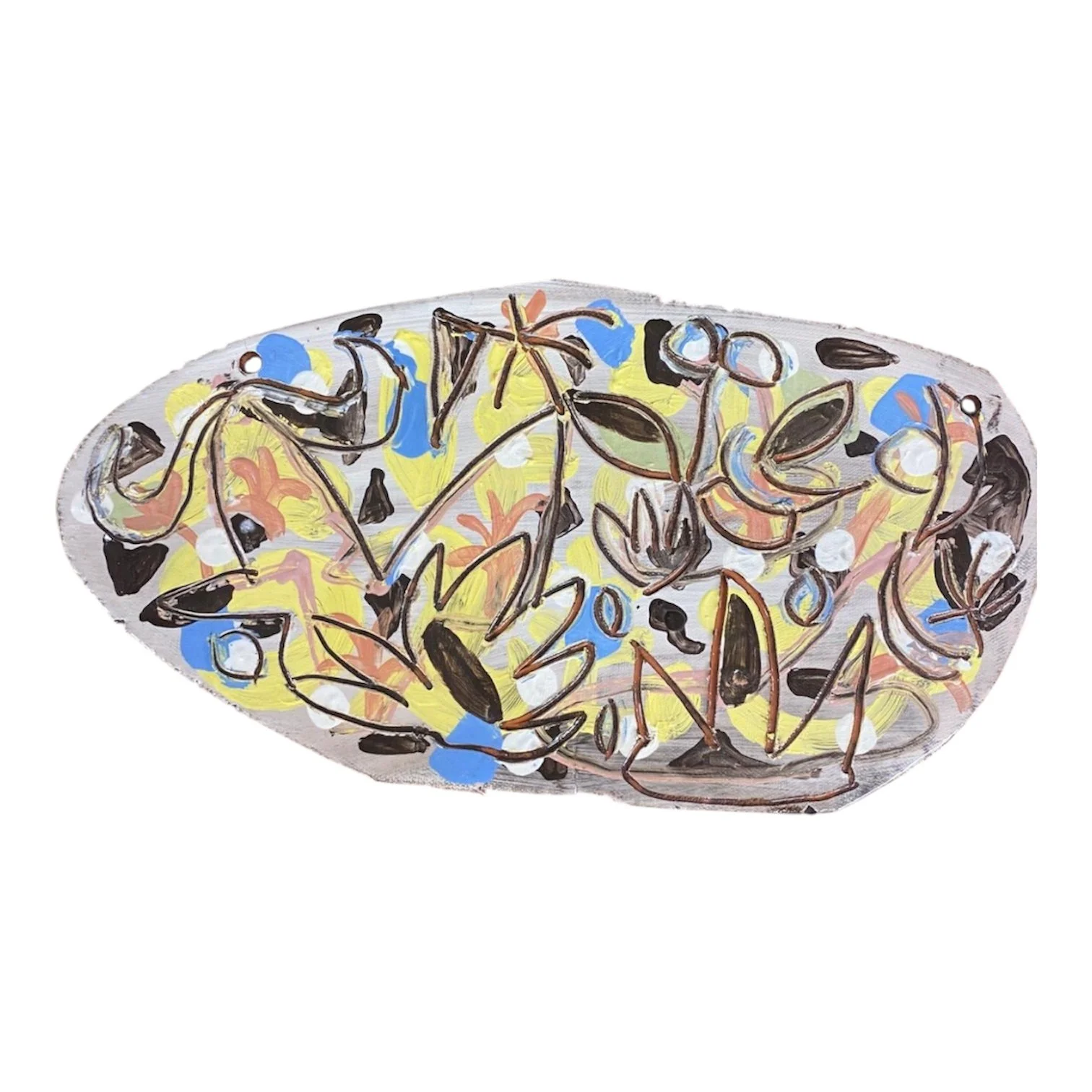  Palms 
 Hand Painted Fired & Glazed Clay Tray (Food Safe) Approximately 25cm x 46cm Irregular shape with drilled holes for hanging