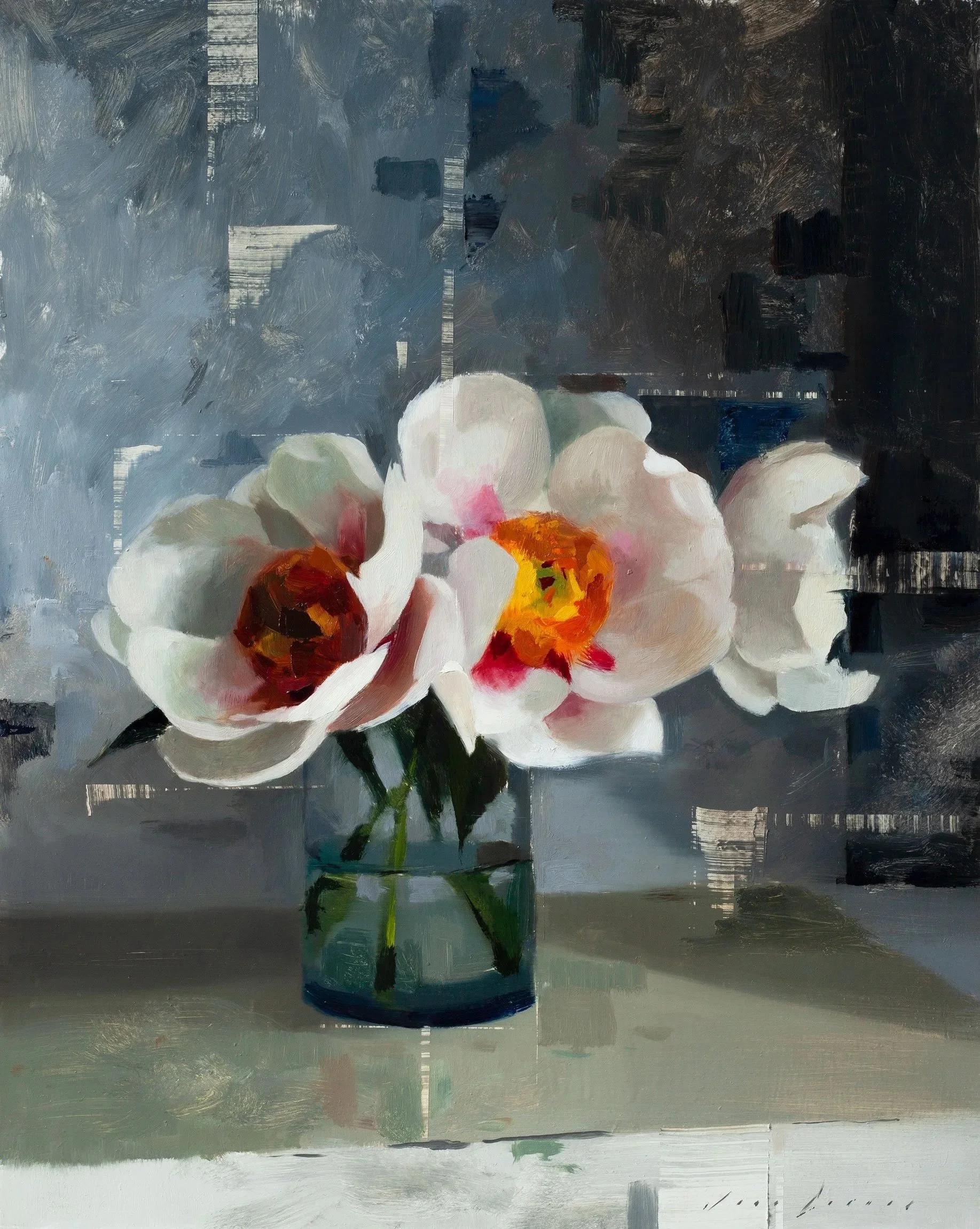  Three White Peonies in Cool Shade  
 Fine art print on museum quality cotton paper.
 Each print is hand-signed and titled by the artist.
  Image Size: 34cm x 28cm &nbsp; Framed size Size: 51.5cm x 43.5 cm