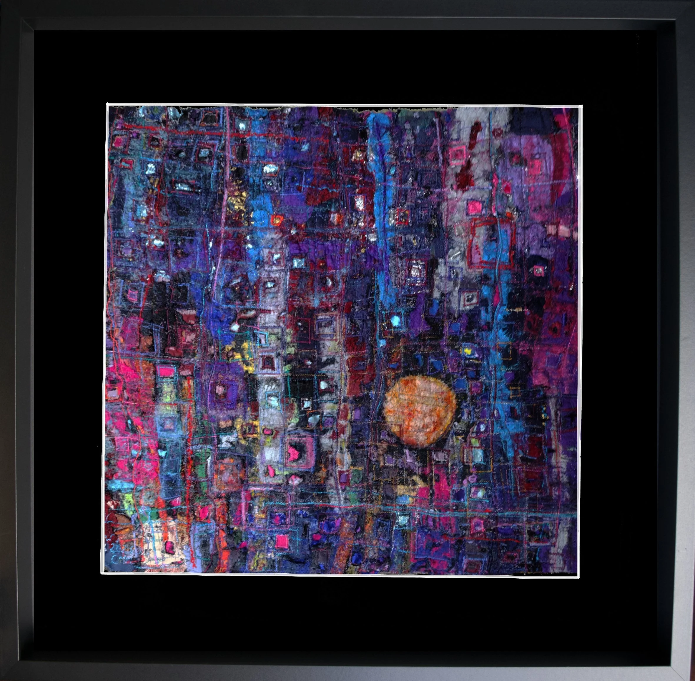  Moon Rise - City  Mixed Textiles Embroidered & Embellished
In Open Frame.  Fabric Size: 43cm x 46cm Framed Size: 61cm x 65cm
 £450