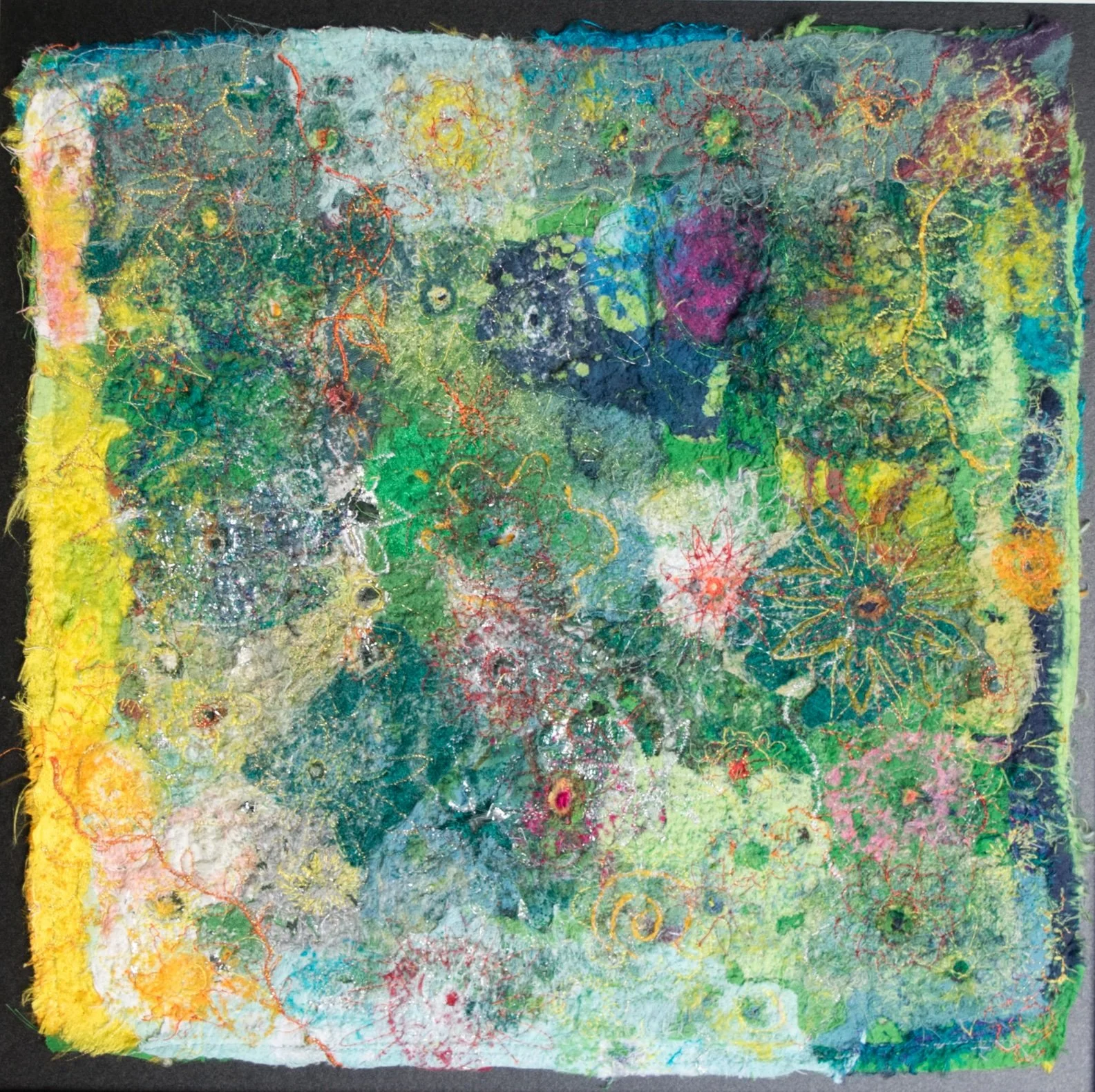  Spring Garden  Mixed Textiles Embroidered & Embellished
In Open Frame.  Fabric Size: 32cm x 32cm Framed Size: 52cm x 52cm
