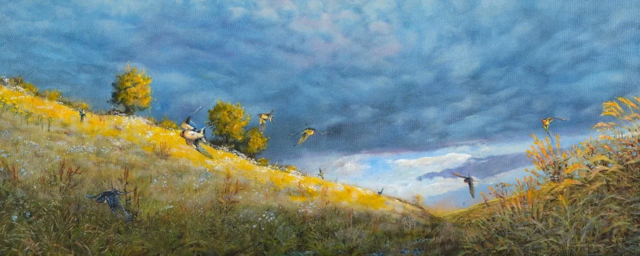  Swallows Low  &nbsp; (Sold) Acrylic on Canvas
 Canvas Size: 40.25cm x 100.5cm x 3cm
